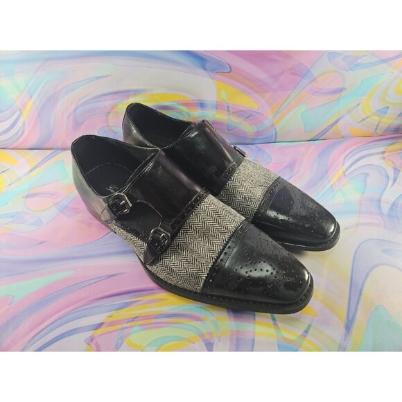 Giorgio V. Men's Sq. Toe Leather Tweed Upper Black Dress Shoes, Buckle, Sz 12 - Picture 1 of 4